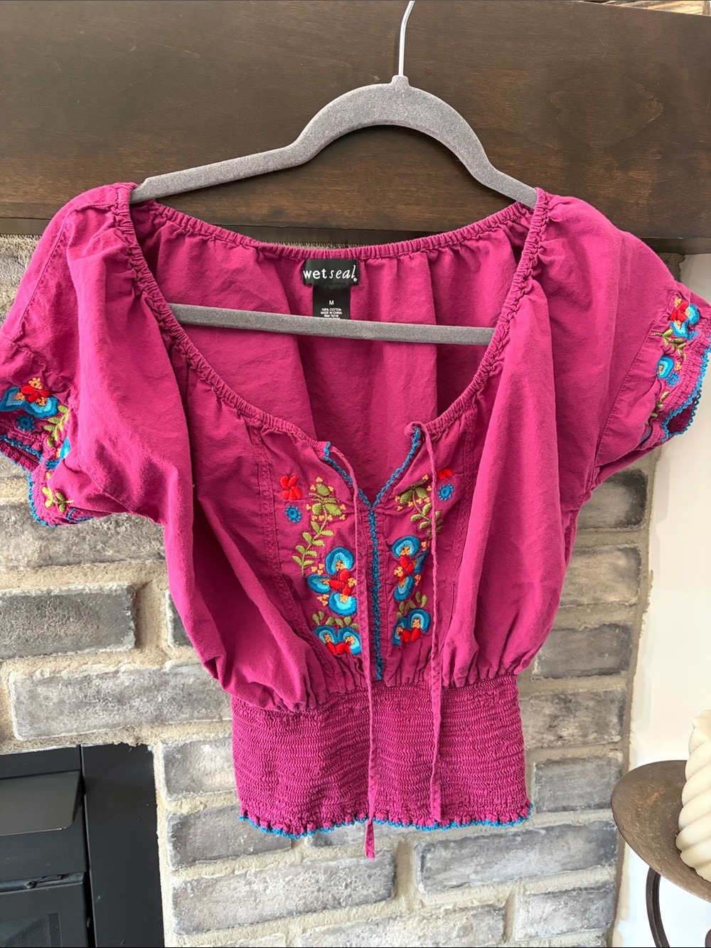 Wet Seal Fuchsia Embroidered Boho Peasant Top